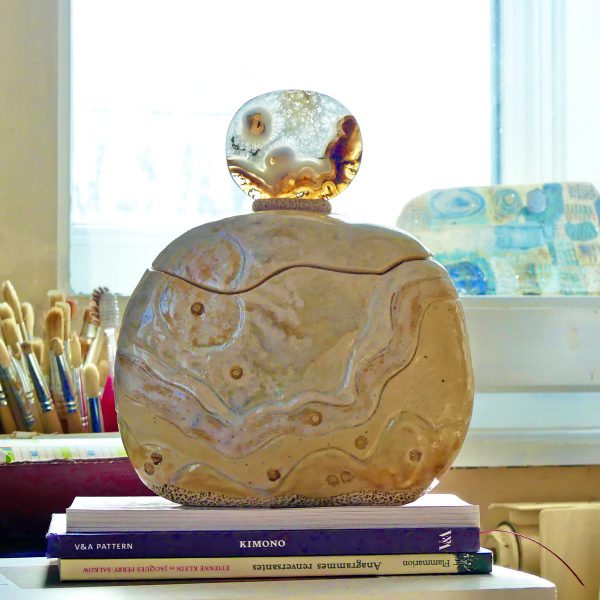 Céramique boîte sculptée flacon tranche d’agate polie